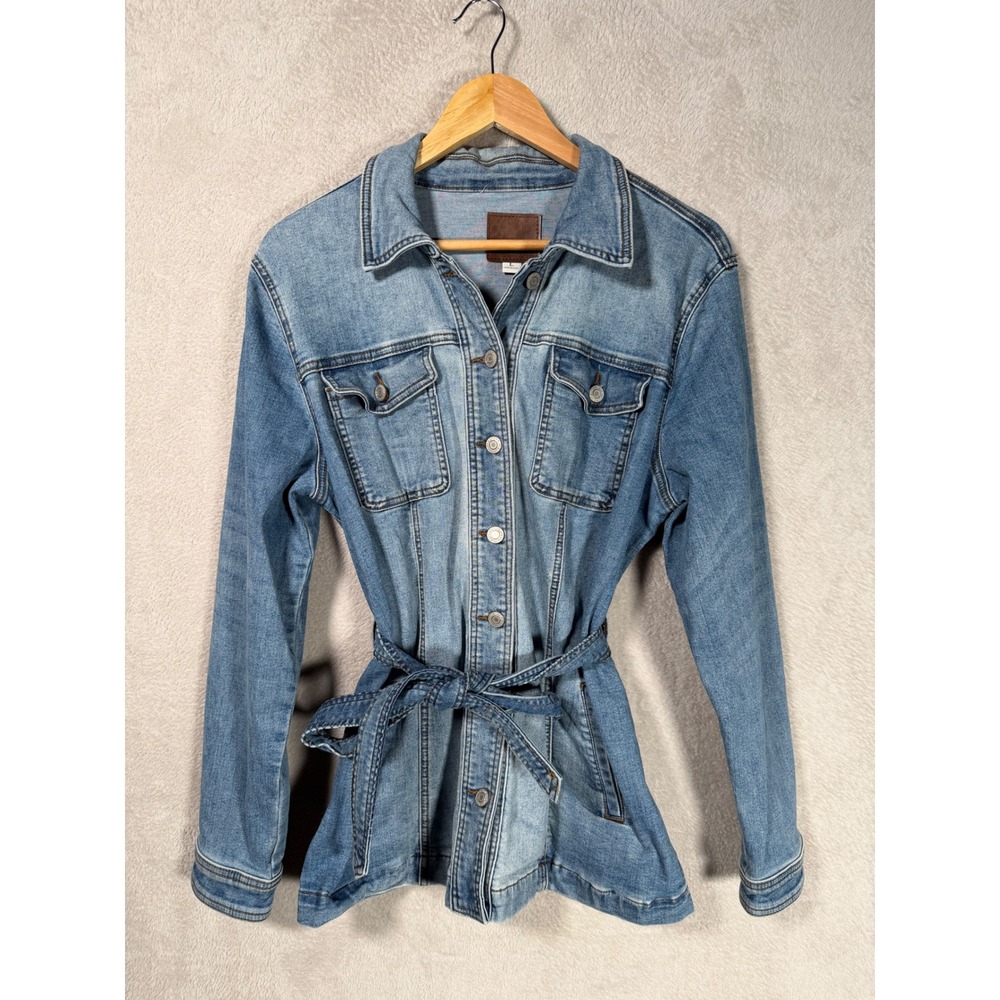 Maurices Womens Large Belted Medium Wash Denim Utility Jacket Button Up Blue Y2K
